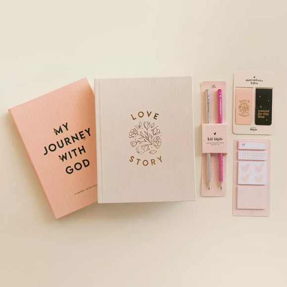 Kit Devocional | Bíblia Love Story Off-White + Planner Devocional My Journey With God Rosinha Listras